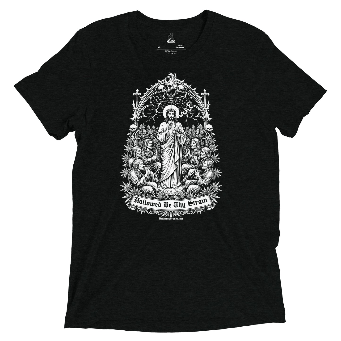 Hellbeing Hallowed Be Thy Strain solid black tri-blend t-shirt, front design view