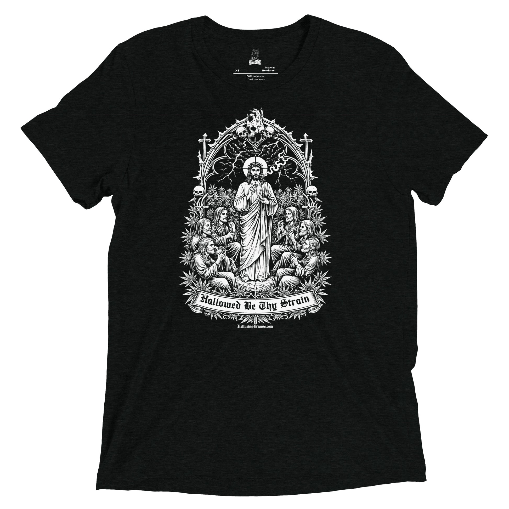 Hellbeing Hallowed Be Thy Strain solid black tri-blend t-shirt, front design view