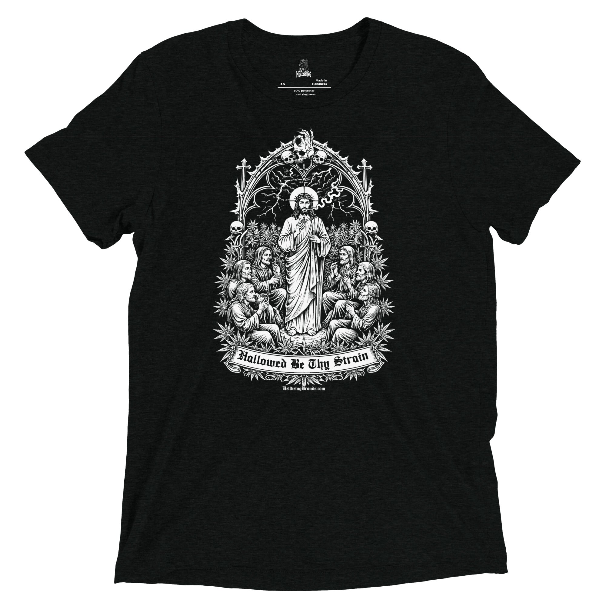 Hallowed Be Thy Strain black tri-blend t-shirt, front close-up