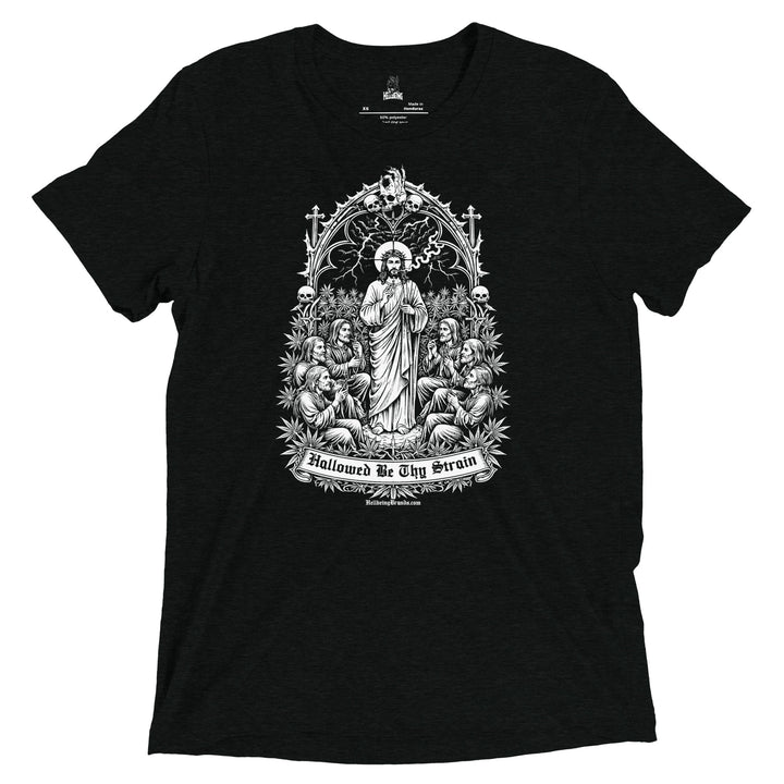 Hallowed Be Thy Strain black tri-blend t-shirt, front close-up