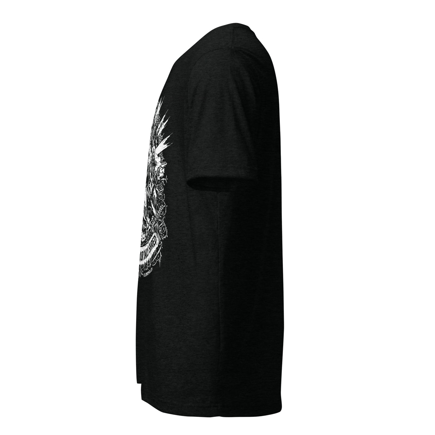 Hellbeing Give Us This Day Our Daily Shred solid black tri-blend t-shirt, left side view