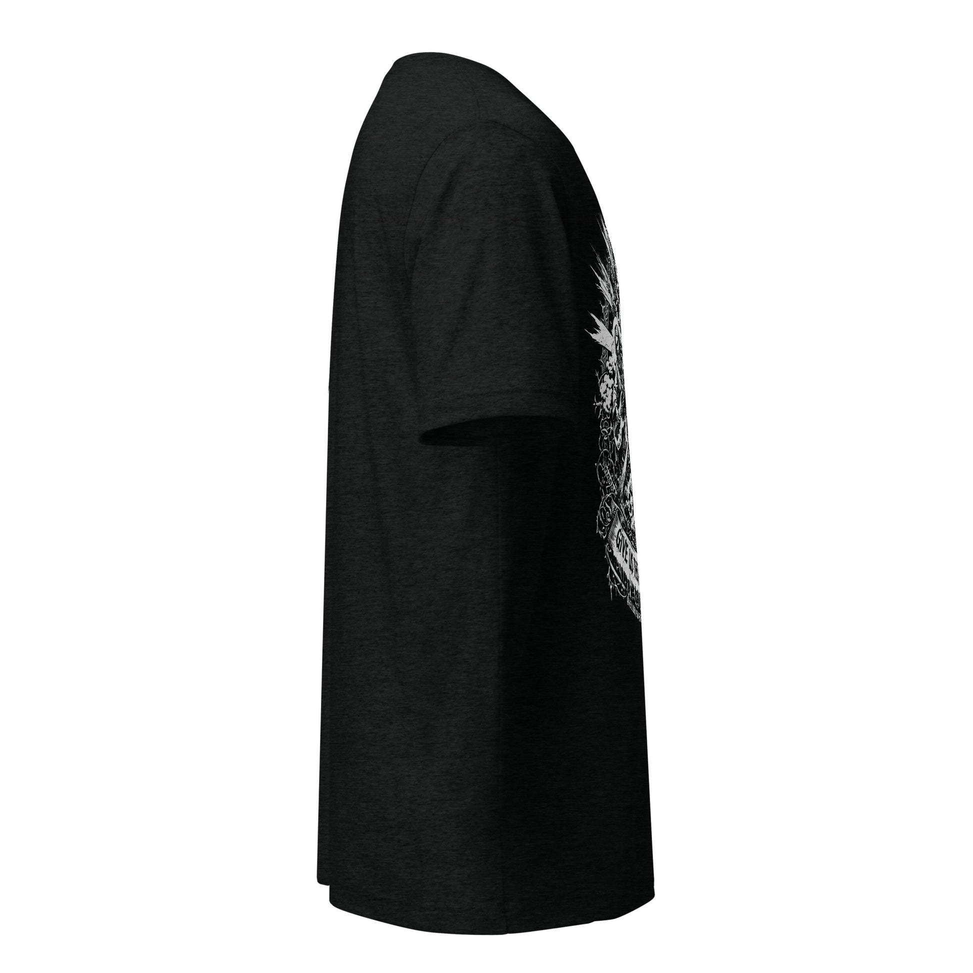 Hellbeing Give Us This Day Our Daily Shred solid black tri-blend t-shirt, right side view