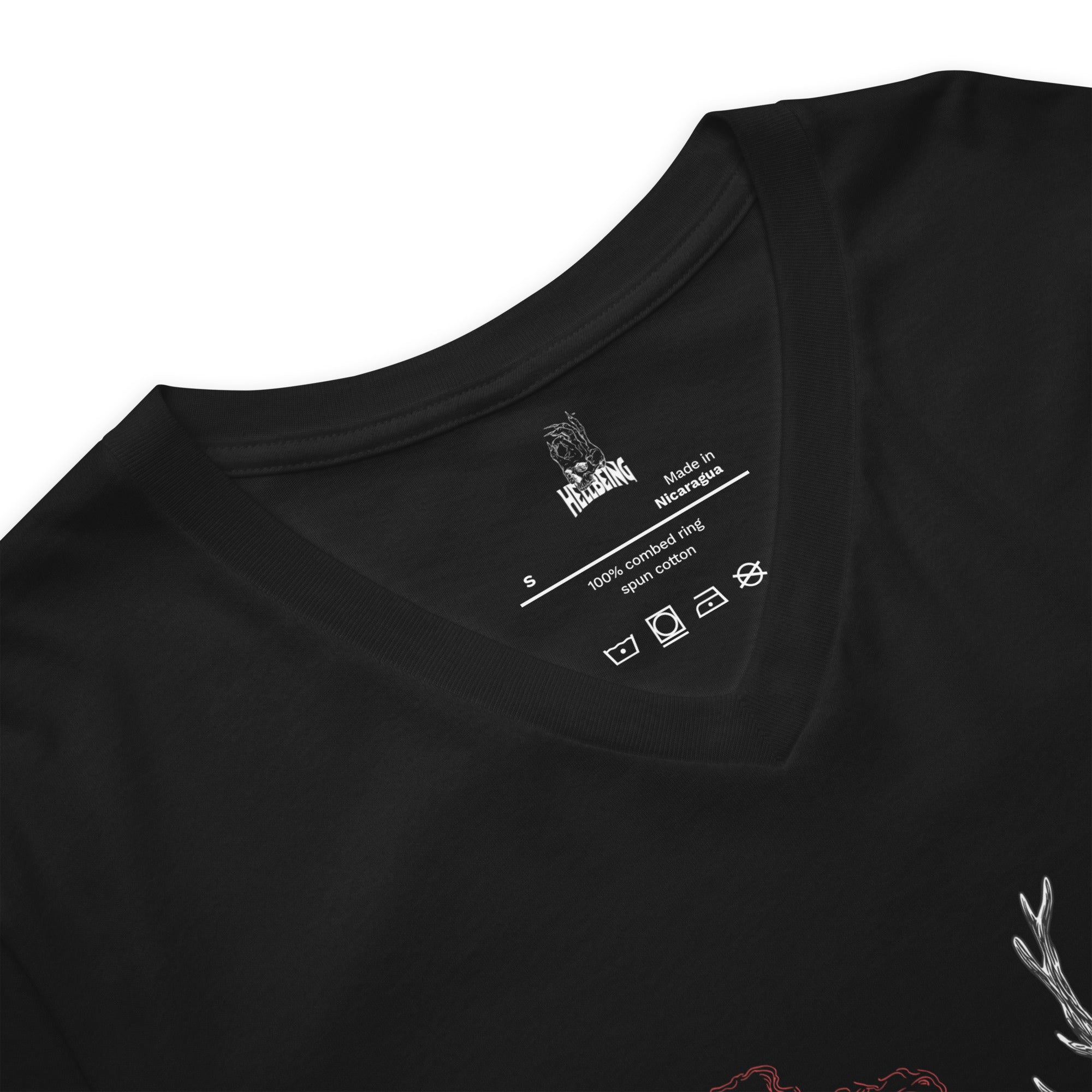 Hellbeing Helliday black v-neck t-shirt, fabric and label detail