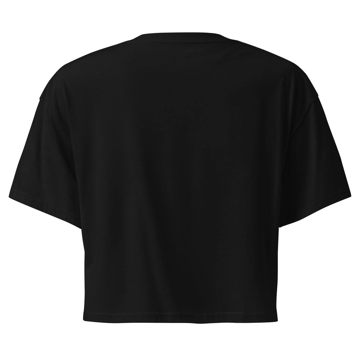 Hellbeing women's black cotton crop top with white skull logo on left chest, back view