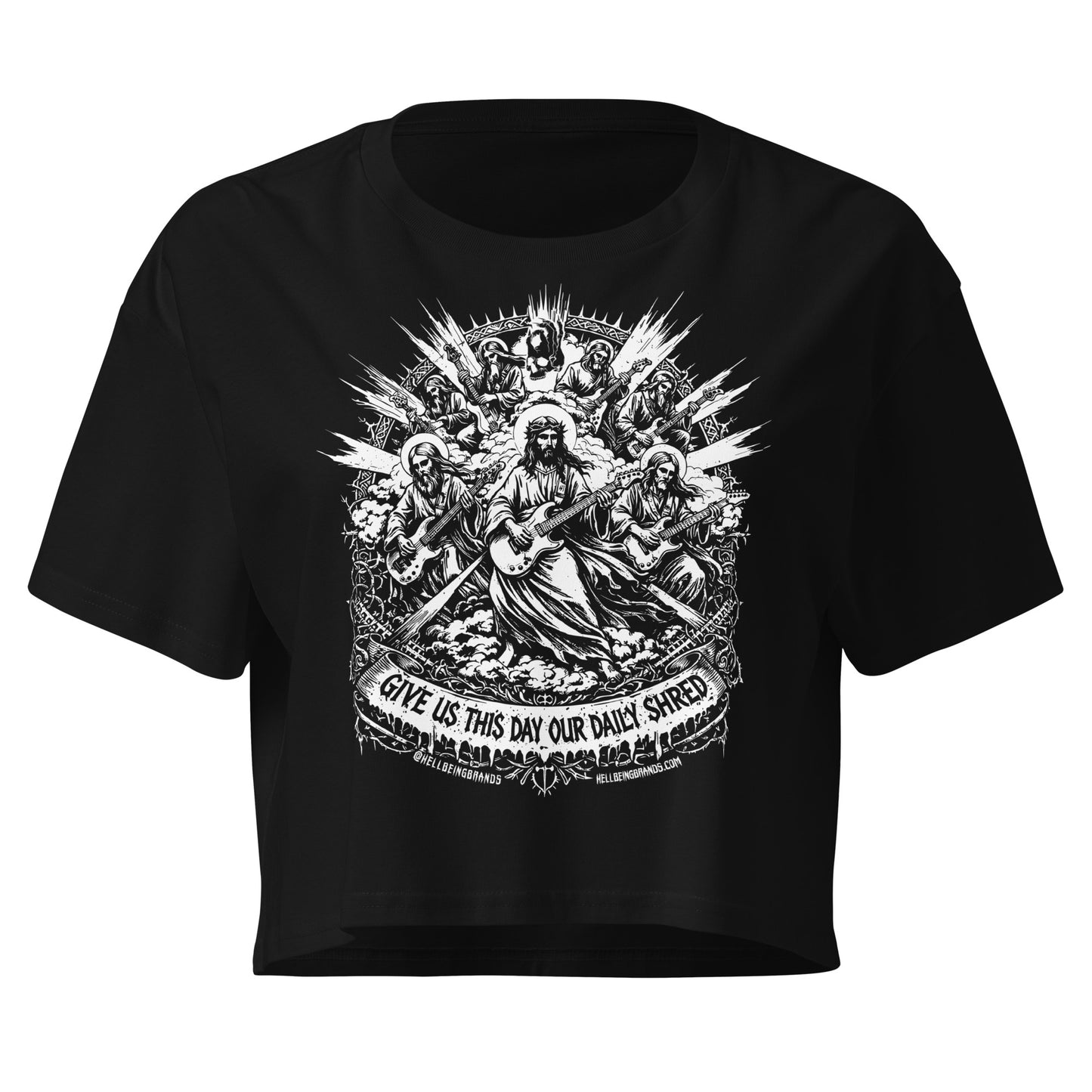 Hellbeing Give Us This Day Our Daily Shred black crop top, front view