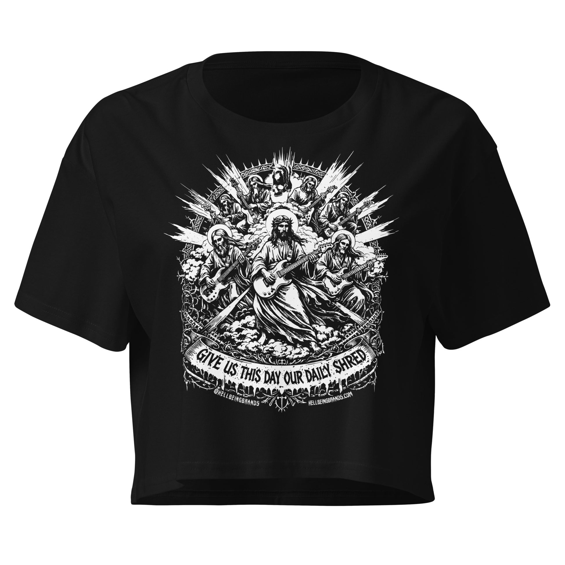 Hellbeing Give Us This Day Our Daily Shred black crop top, front view