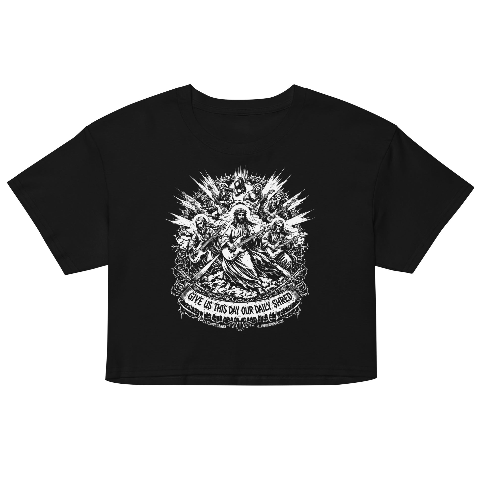 Hellbeing Give Us This Day Our Daily Shred black crop top, alternate front view