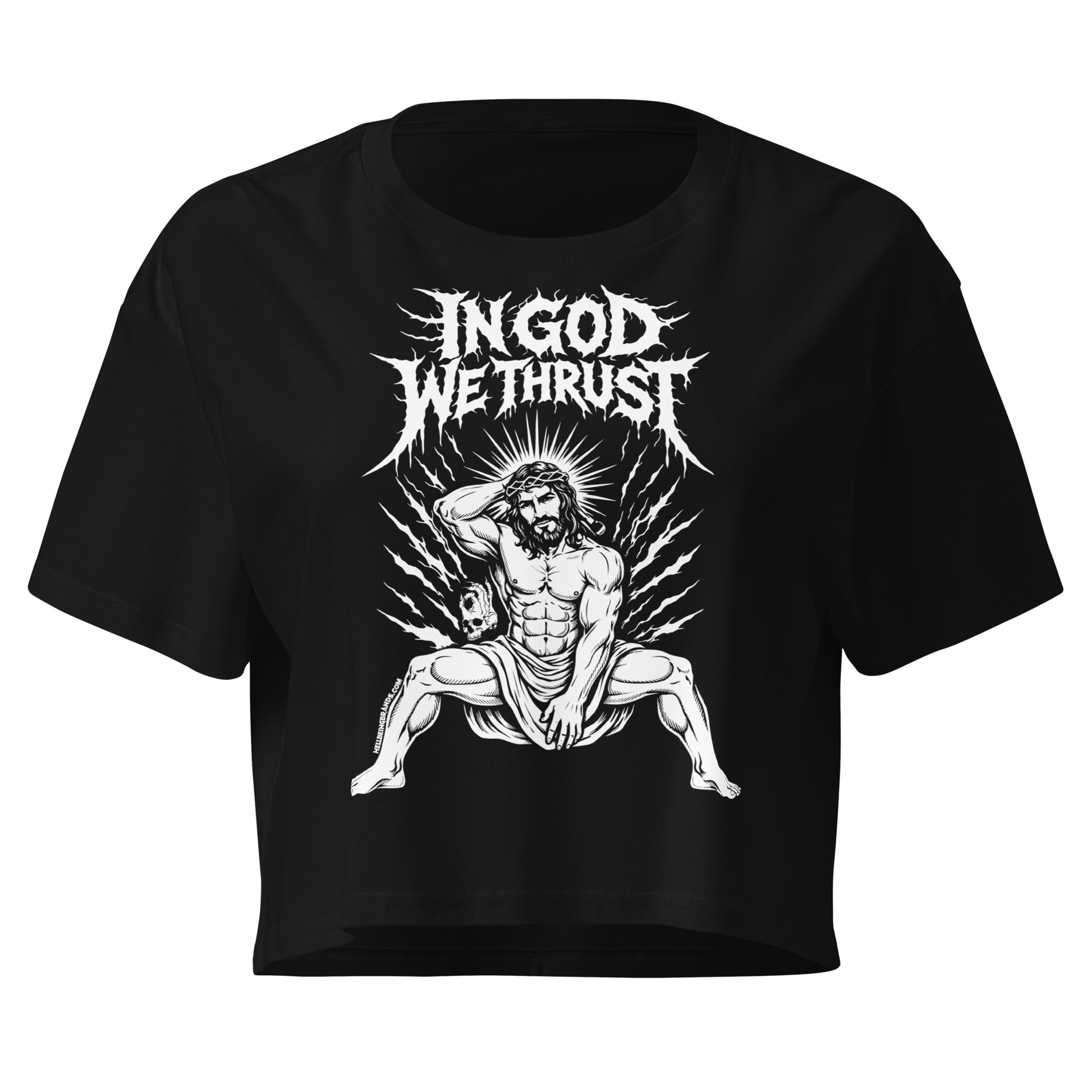 Hellbeing In God We Thrust black crop top, front view