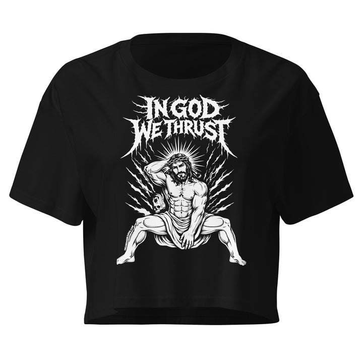 In God We Thrust crop top in black, front view