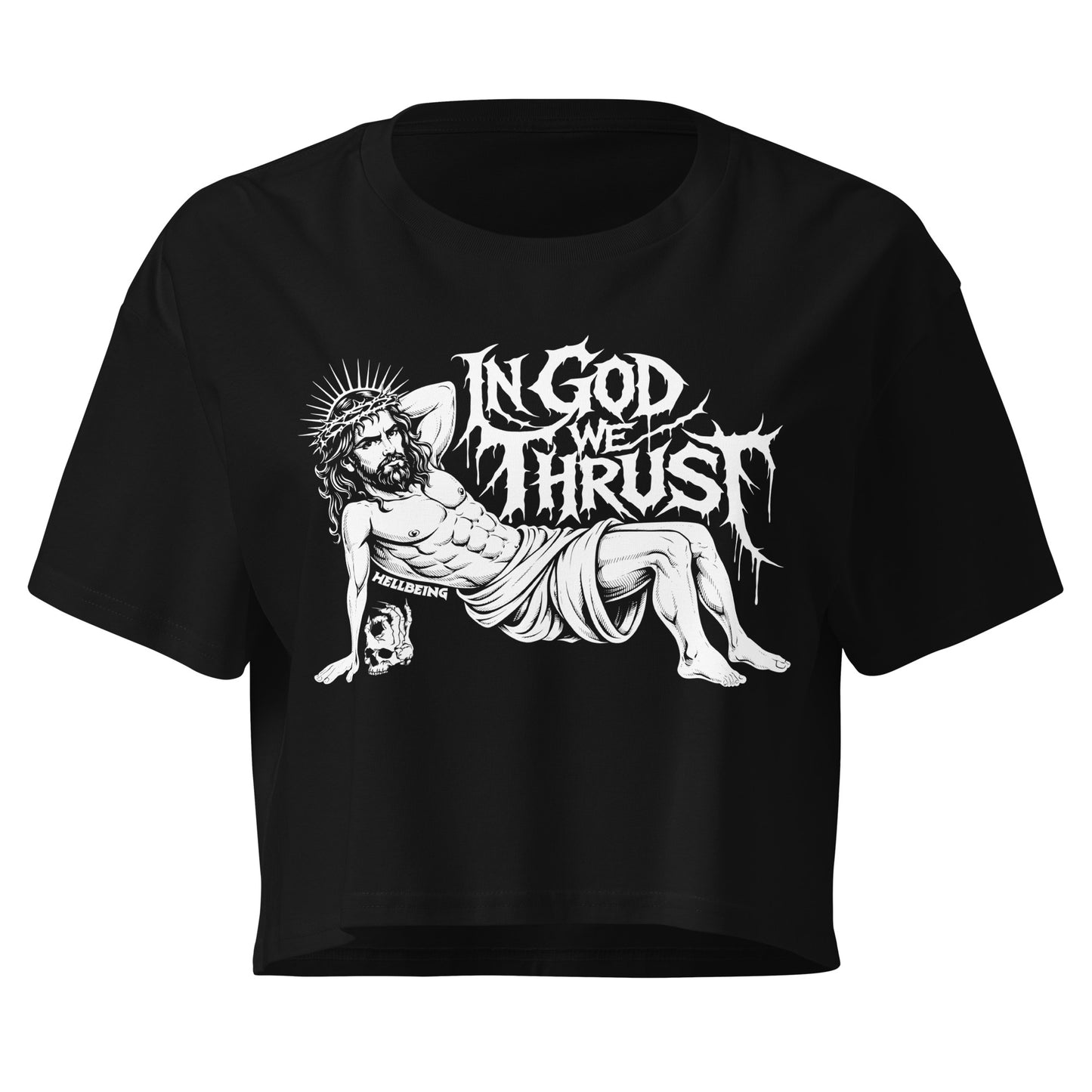 Hellbeing In God We Thrust Part 2 black crop top, front view