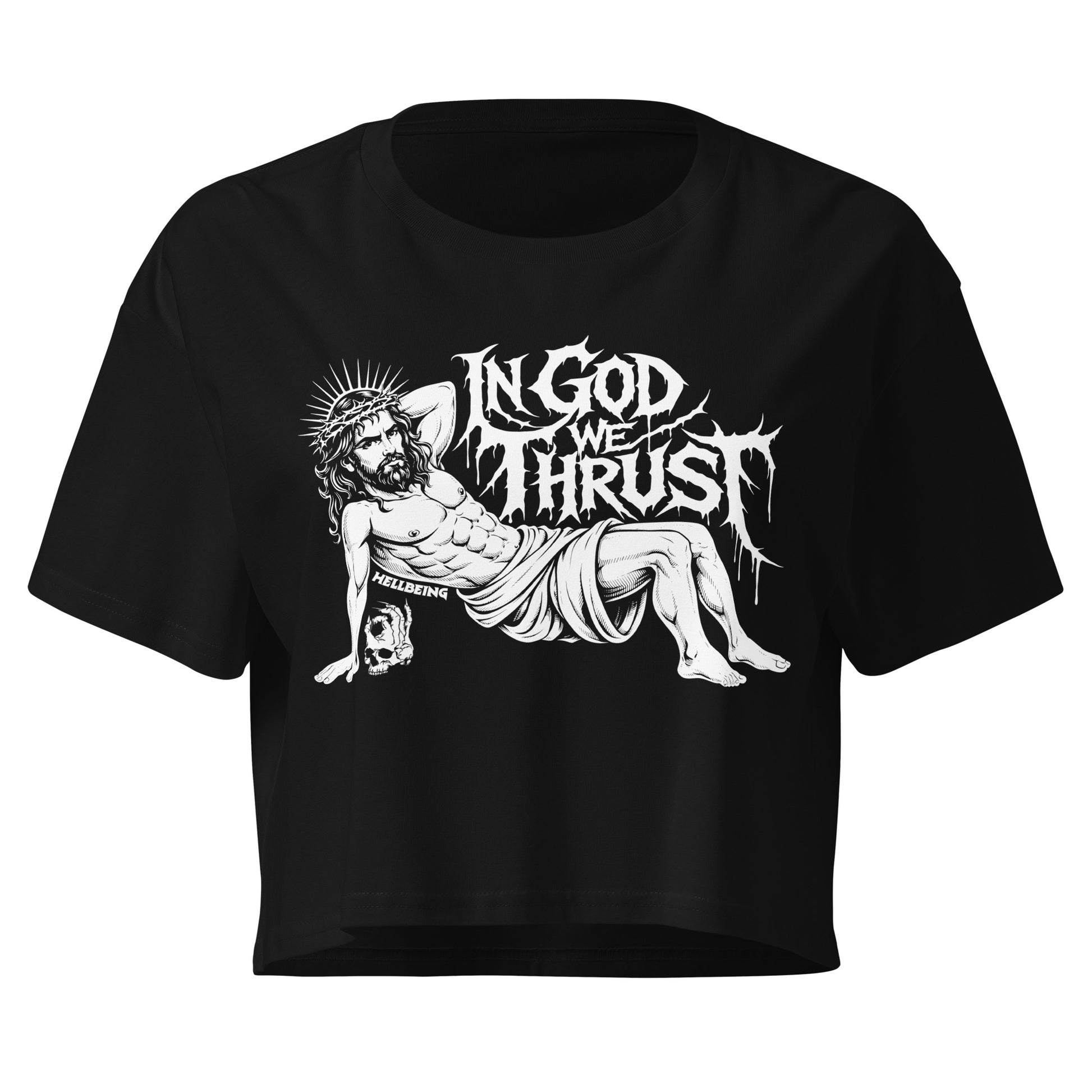 Hellbeing In God We Thrust Part 2 black crop top, front view
