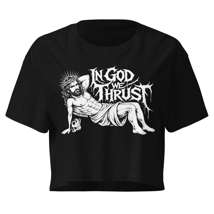 In God We Thrust Part 2 crop top in black, front view