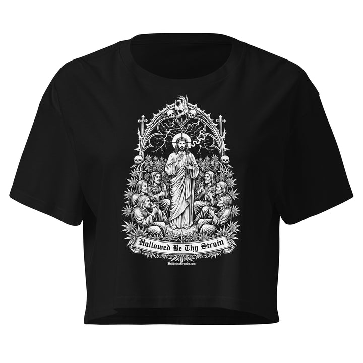 Hallowed Be Thy Strain skull crop top in black, front view