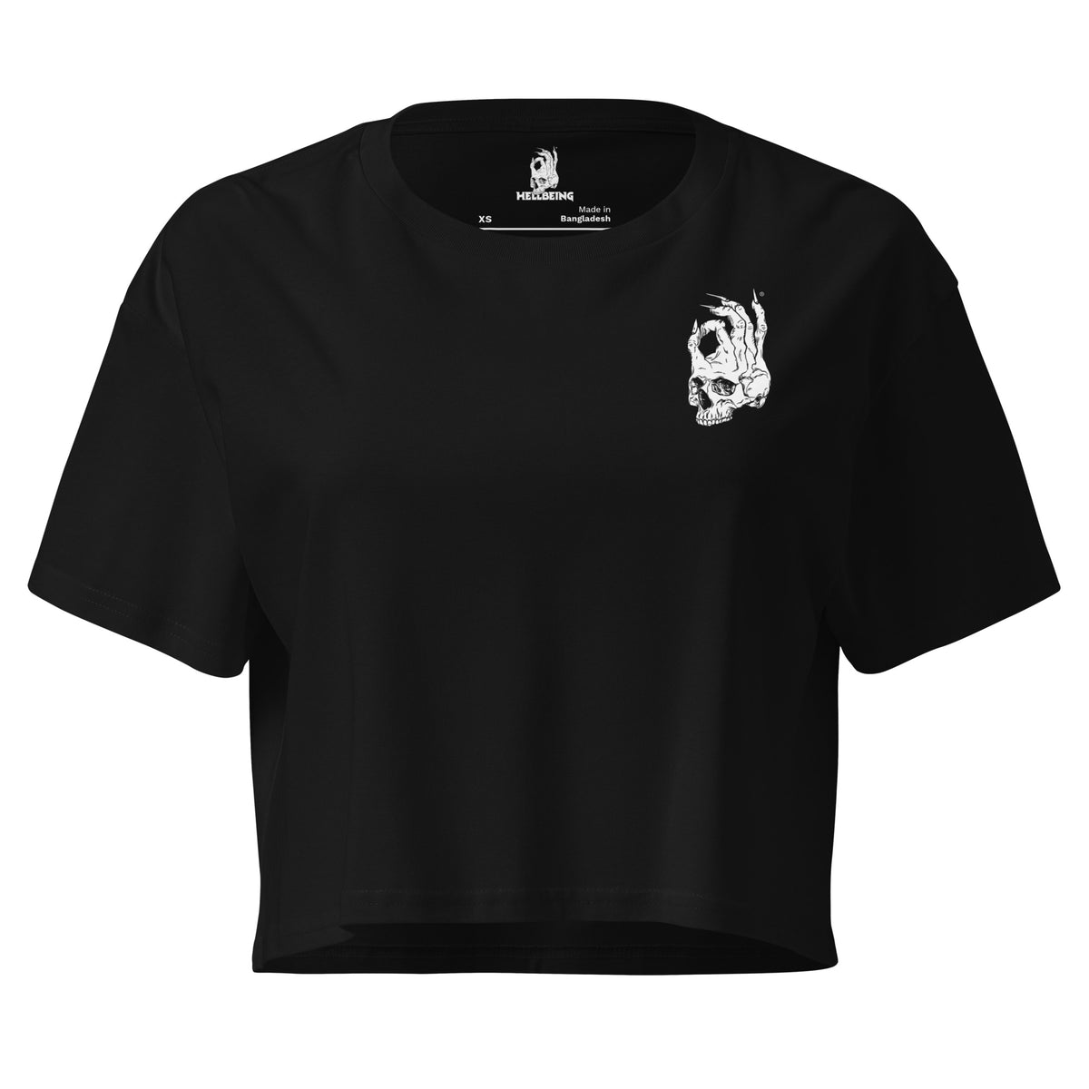 Hellbeing women's black cotton crop top with white skull logo on left chest, front view