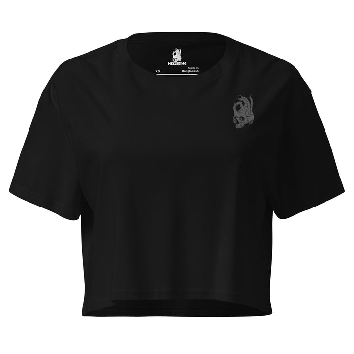 Hellbeing women's black cotton crop top with small gray skull logo on chest, front view