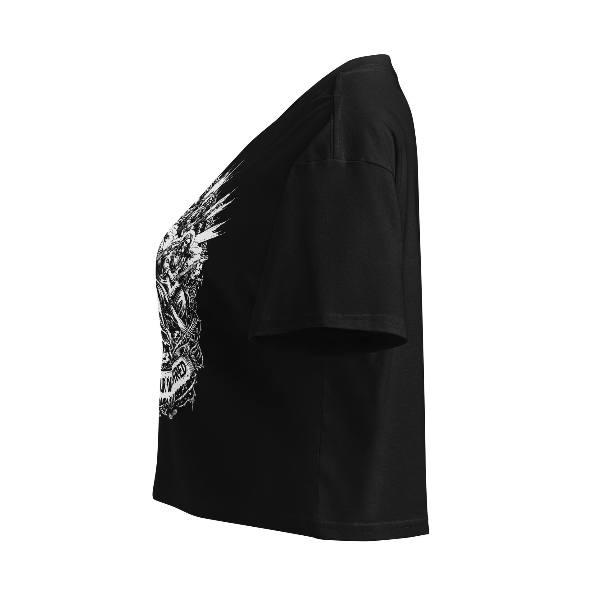 Hellbeing Give Us This Day Our Daily Shred black crop top, left side view