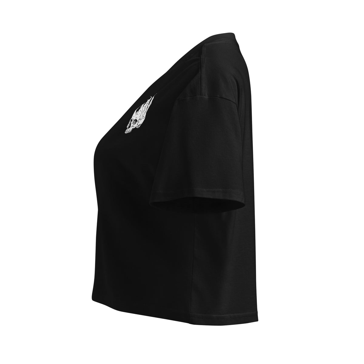 Hellbeing women's black cotton crop top with white skull logo on left chest, left side view