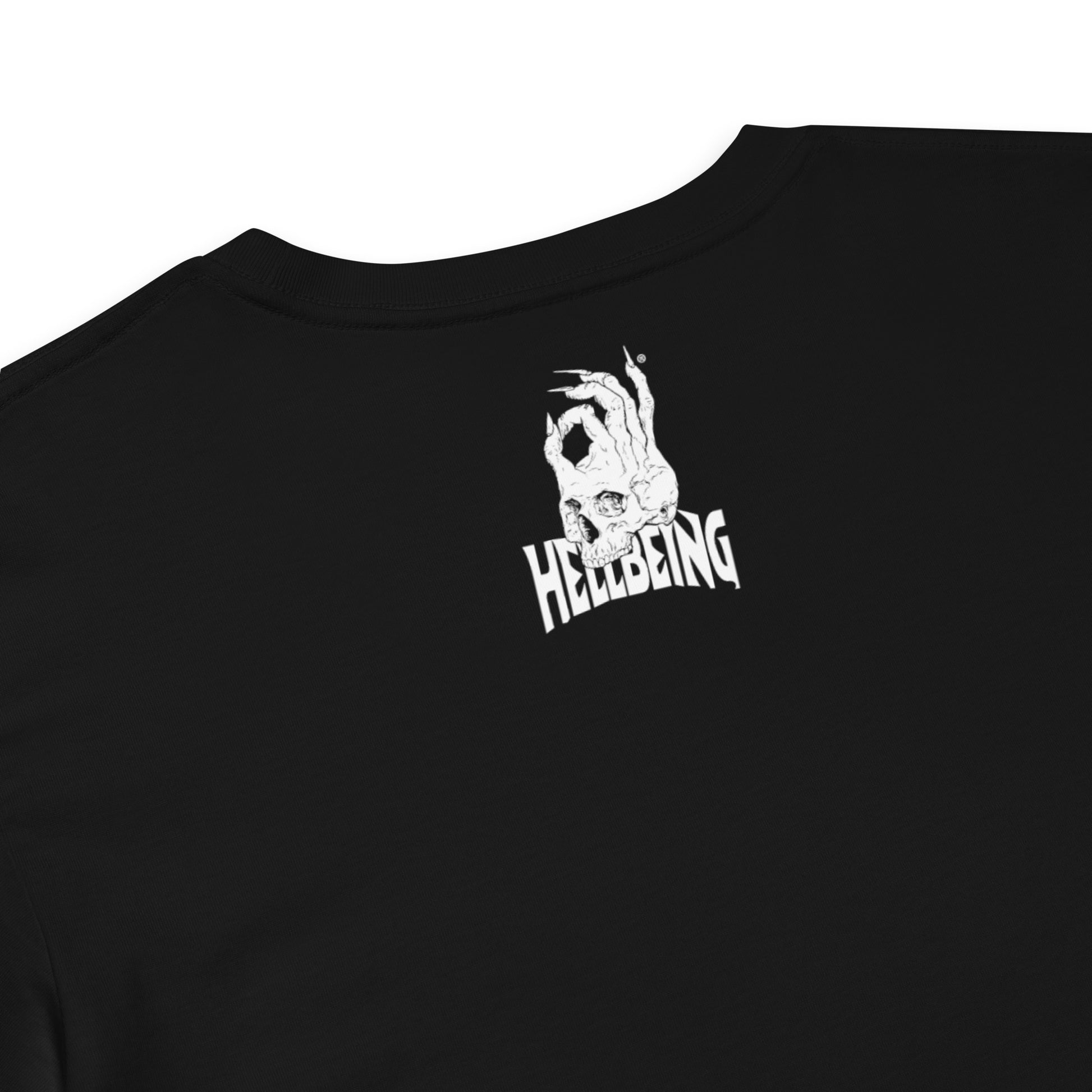 Hellbeing Give Us This Day Our Daily Shred black crop top, fabric and label detail