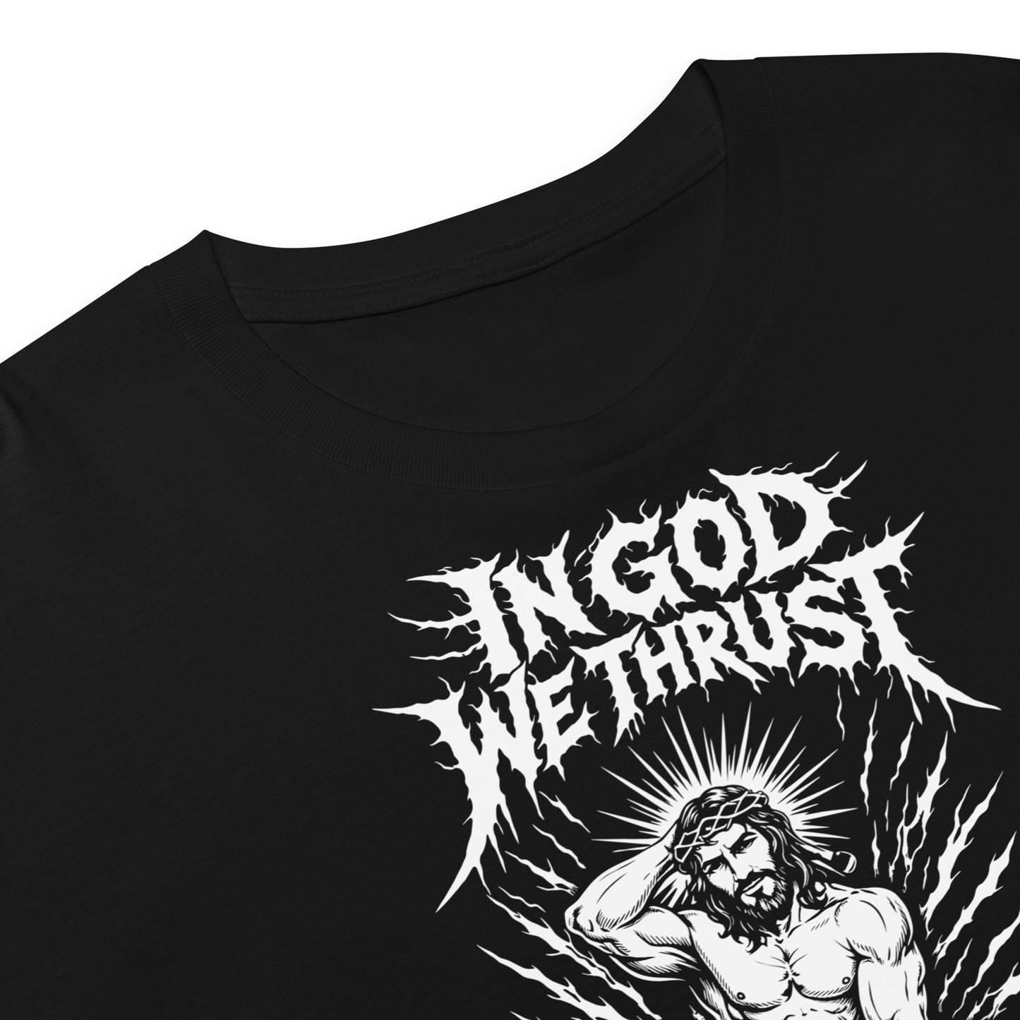 Hellbeing In God We Thrust black crop top, fabric and label detail