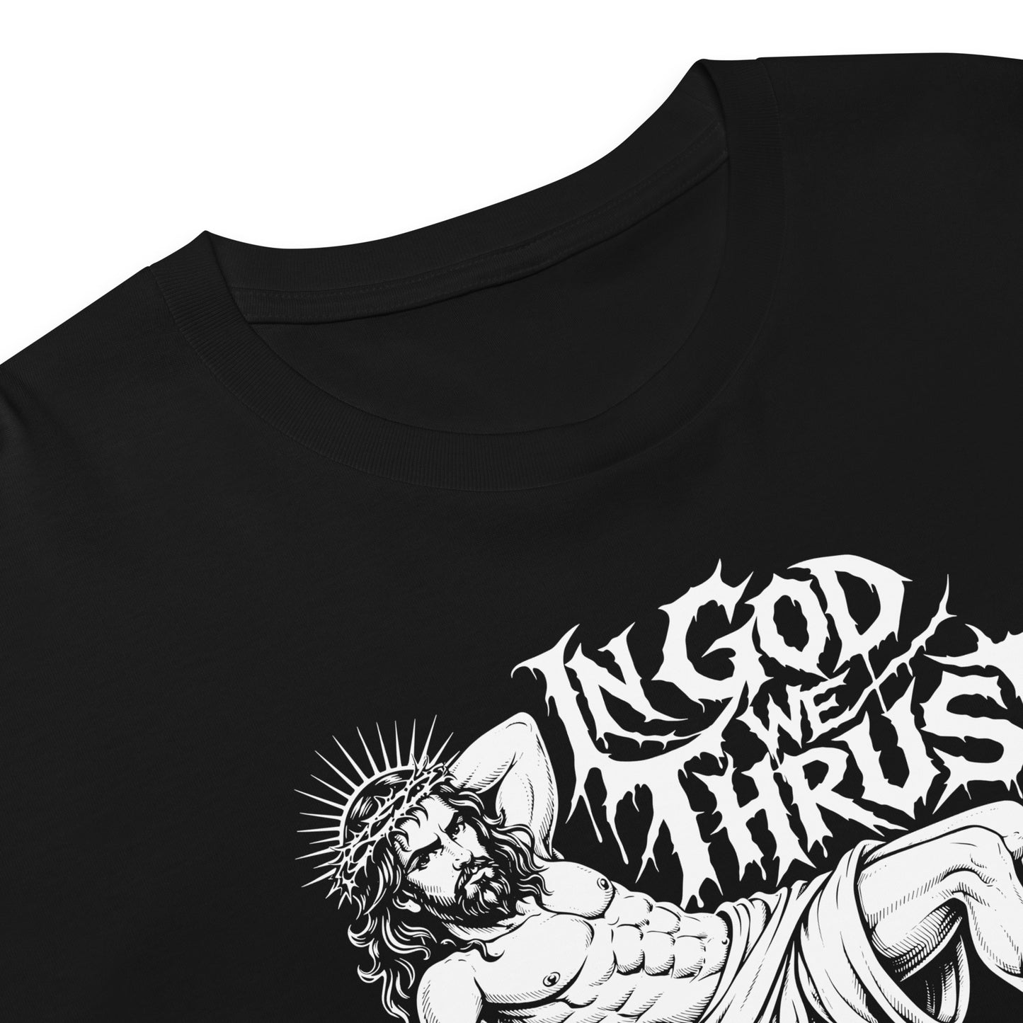 Hellbeing In God We Thrust Part 2 black crop top, print detail