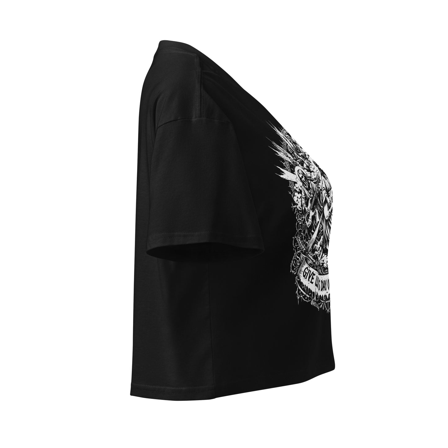 Hellbeing Give Us This Day Our Daily Shred black crop top, right side view