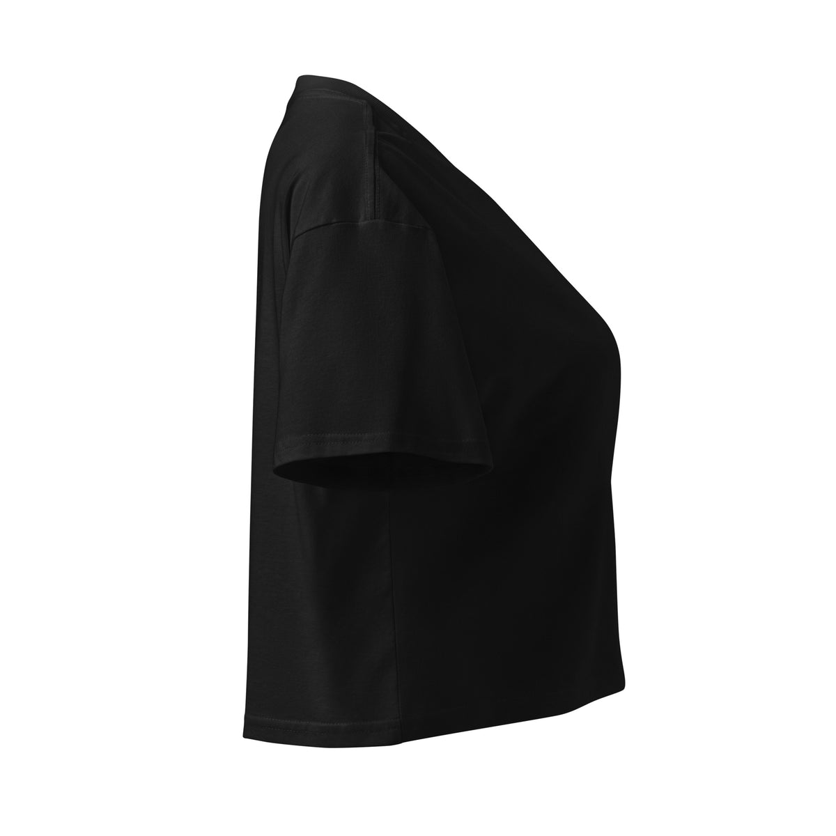 Hellbeing women's black cotton crop top with white skull logo on left chest, right side view