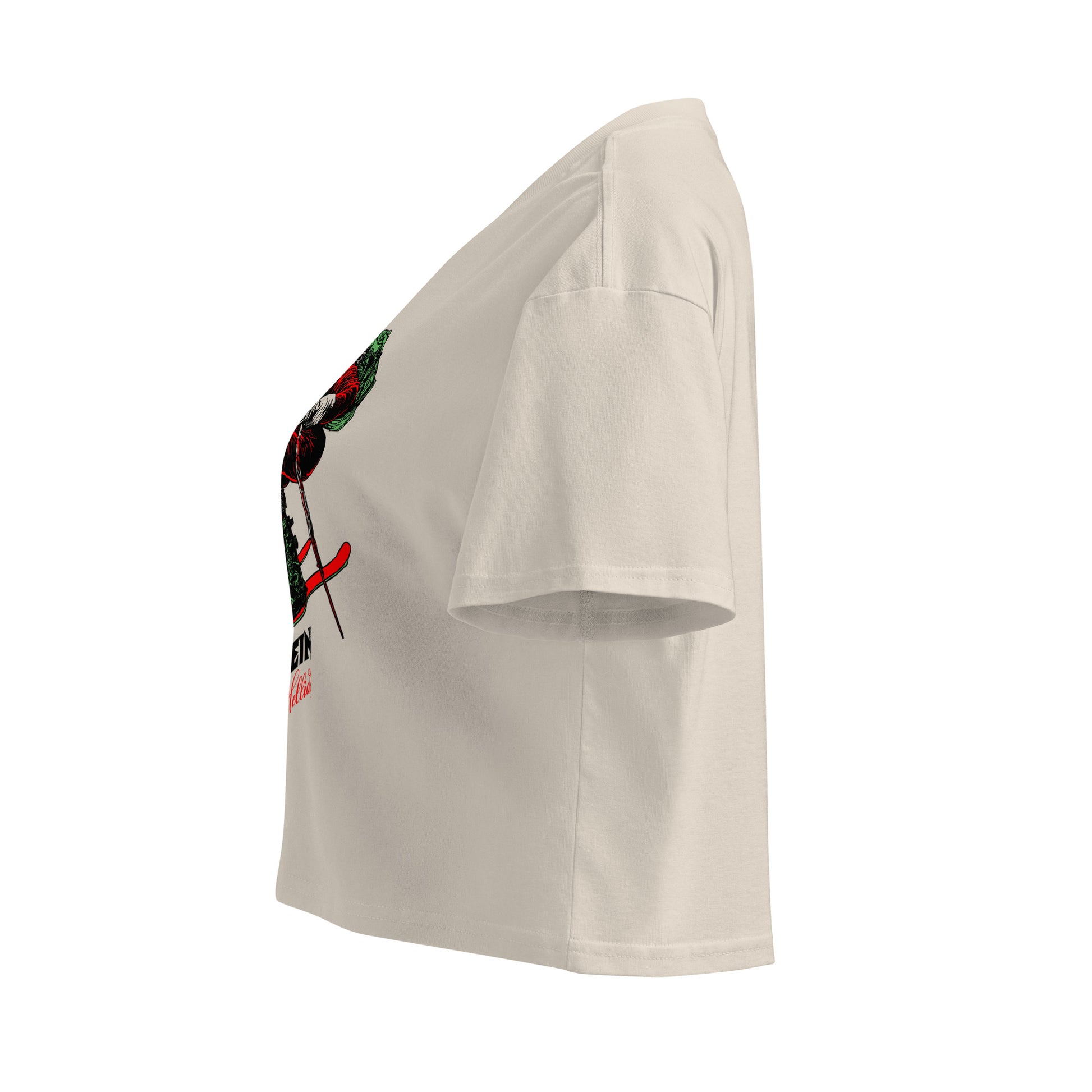 Hellbeing Helliday Skiing dust crop top, left side view