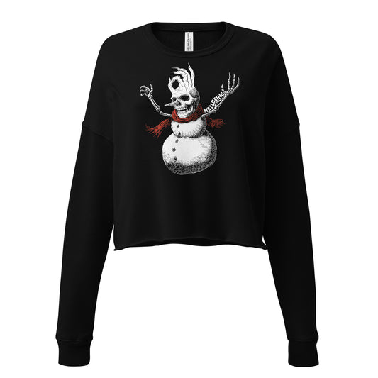 Hellbeing Helliday Skull Snowman black cropped sweatshirt, front view