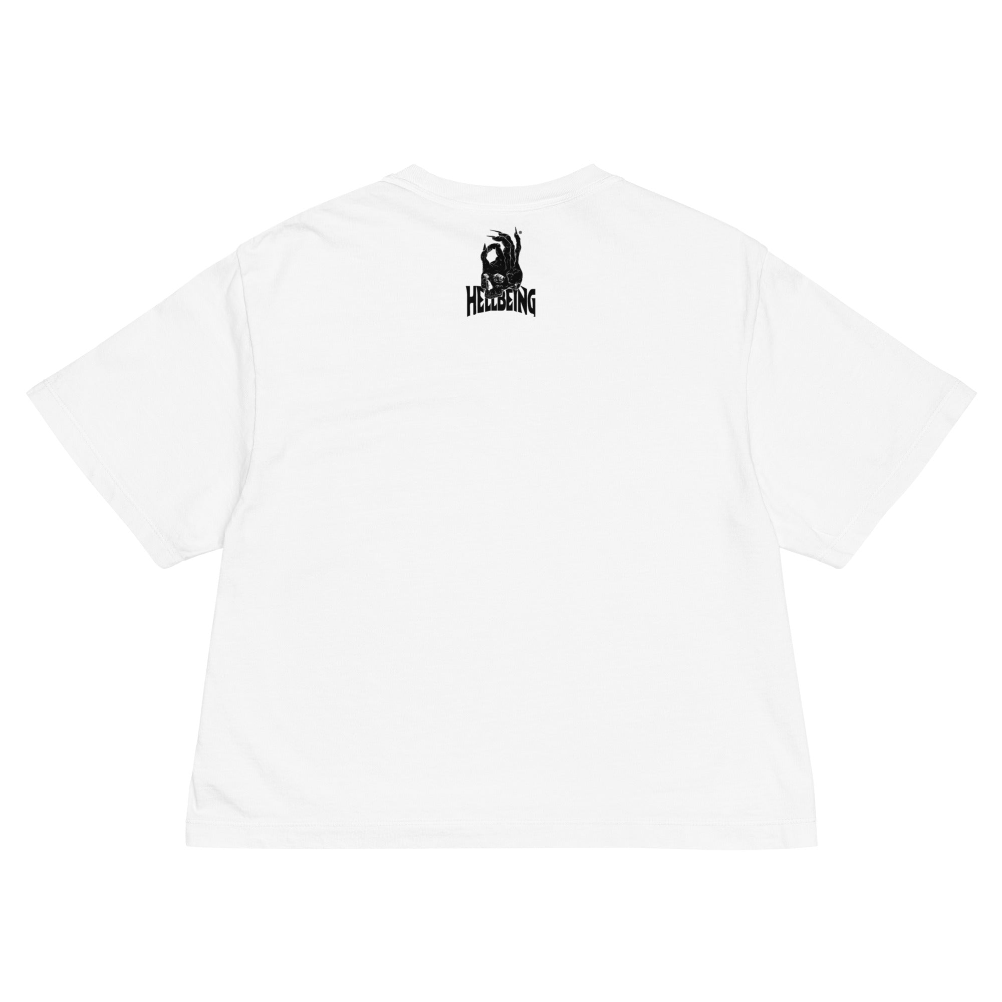 Hellbeing Uncle Satan white women's heavyweight boxy tee, back view