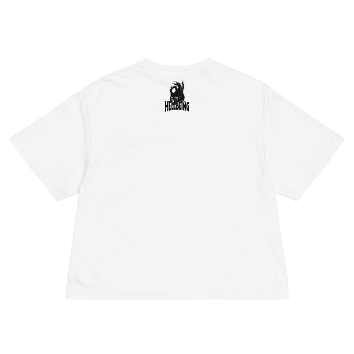 Hellbeing Uncle Satan white women's heavyweight boxy tee, back view