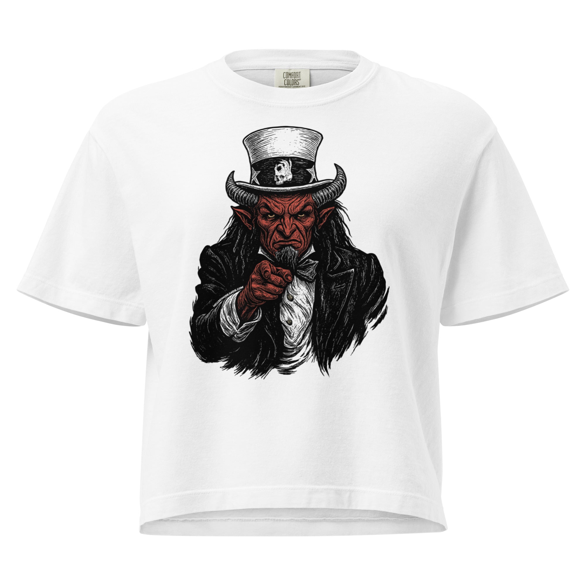 Hellbeing Uncle Satan white women's heavyweight boxy tee, front view