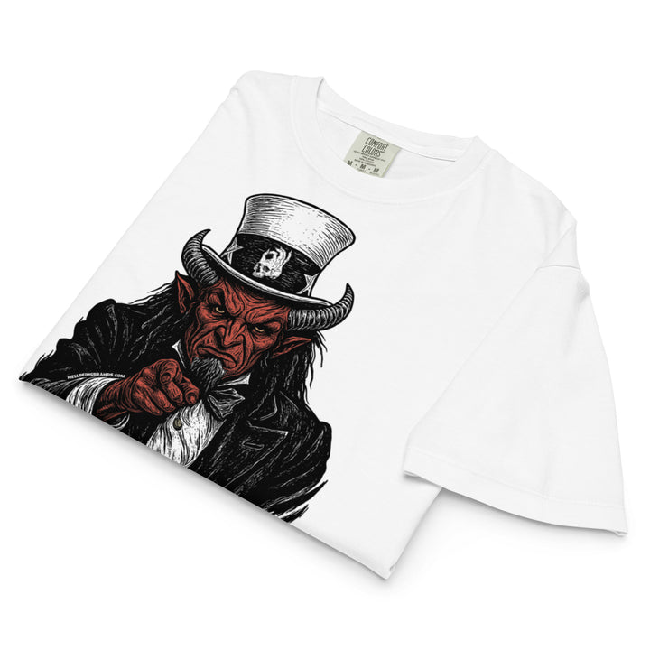 Hellbeing Uncle Satan white women's heavyweight boxy tee, alternate front view