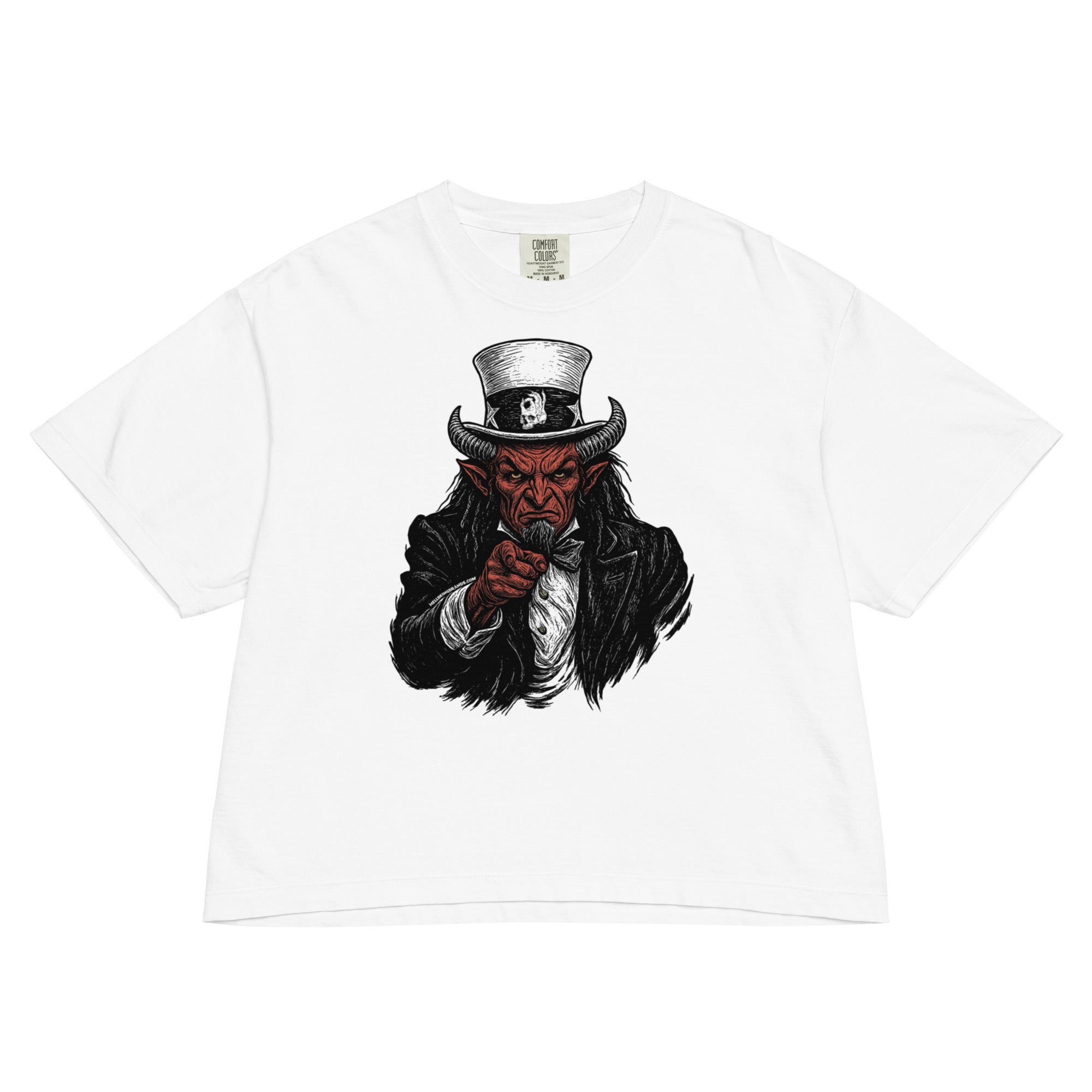 Hellbeing Uncle Satan white women's heavyweight boxy tee, front design view