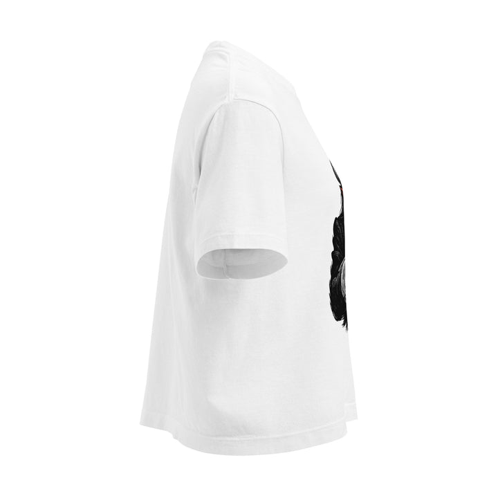 Hellbeing Uncle Satan white women's heavyweight boxy tee, right side view