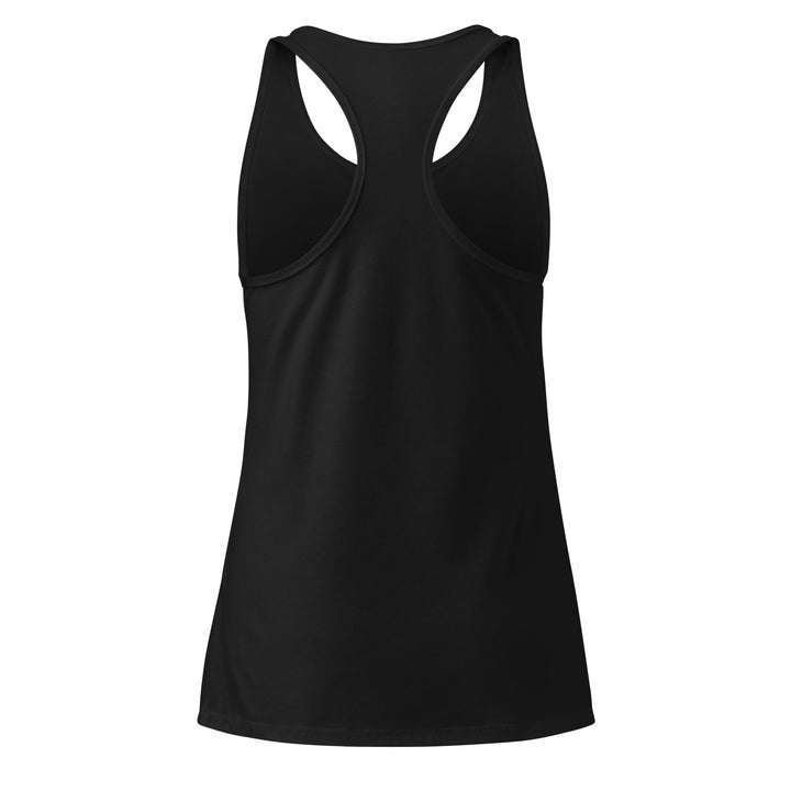 Hellbeing women's fitted black racerback tank top with small gray skull logo, back view