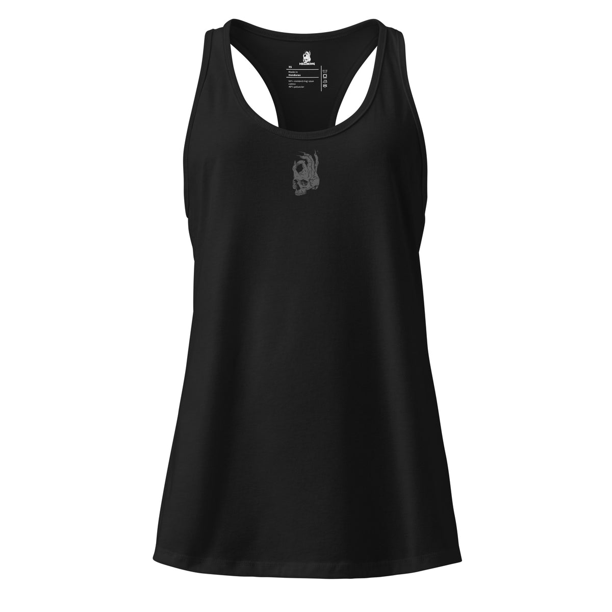Hellbeing women's fitted black racerback tank top with small gray skull logo, front view