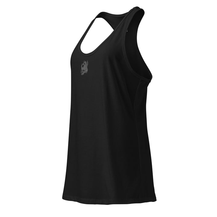 Hellbeing women's fitted black racerback tank top with small gray skull logo, left front view