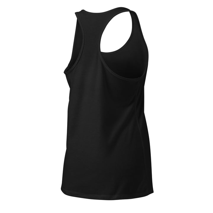 Hellbeing women's fitted black racerback tank top with small gray skull logo, right back view