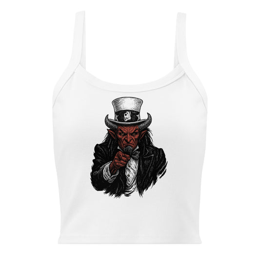 Hellbeing Uncle Satan white women's micro-rib tank top, front view