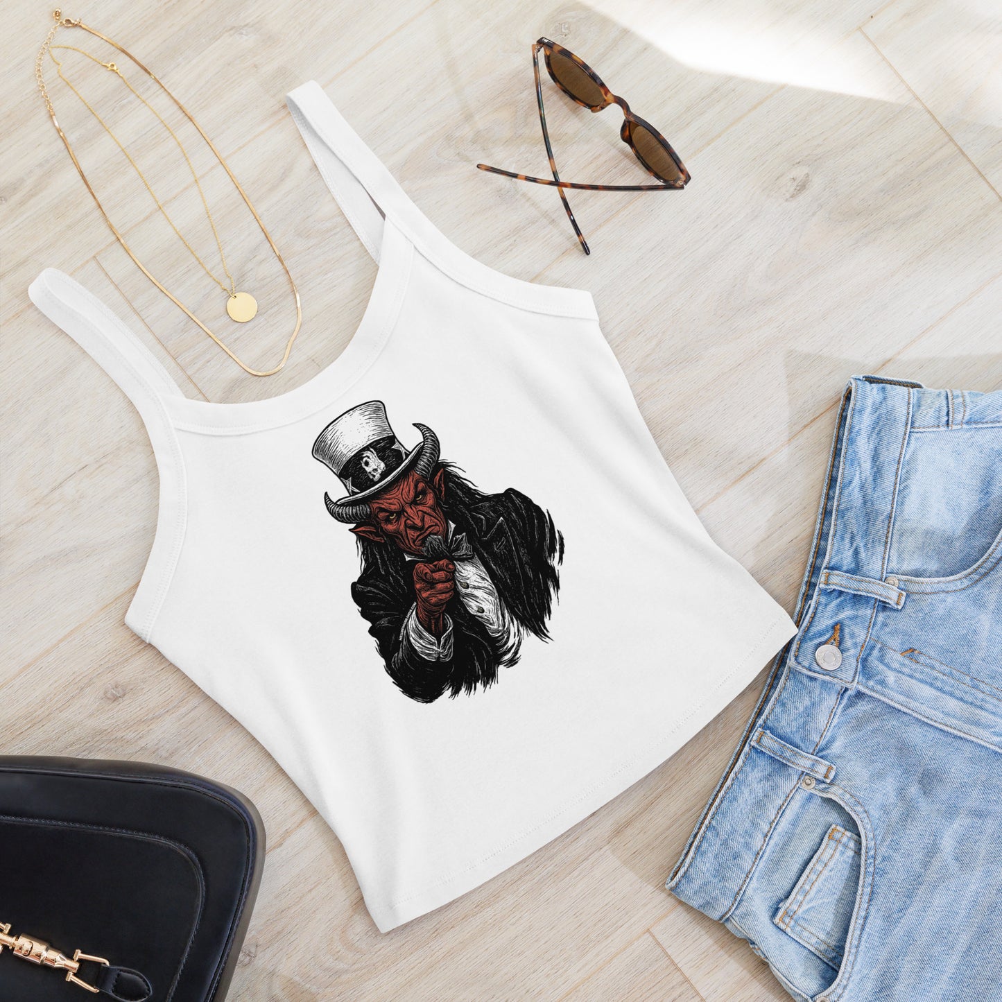 Hellbeing Uncle Satan white women's micro-rib tank top, front design view