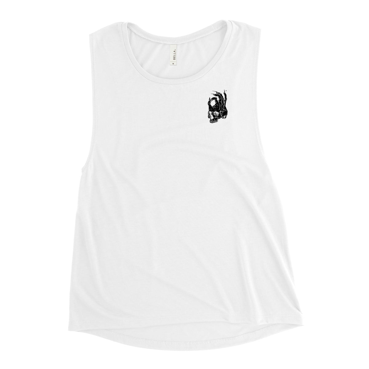 Hellbeing women's white muscle tank with black skull logo on left chest, front view