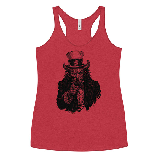 Hellbeing Uncle Satan vintage red women's racerback tank, front view