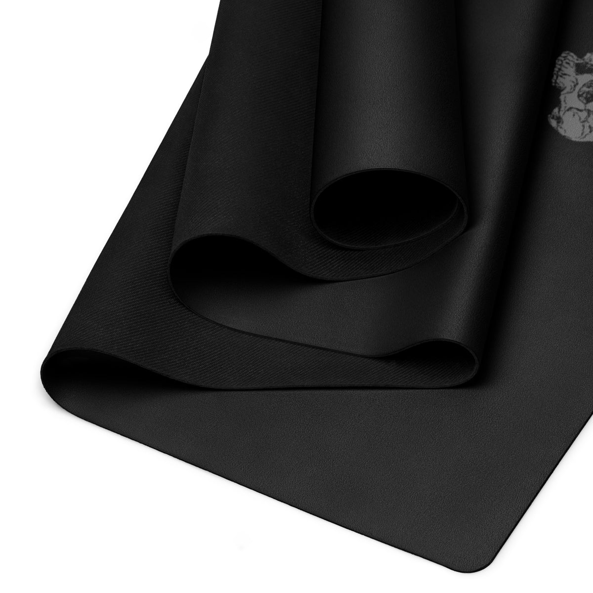 Hellbeing solid black yoga and exercise mat with gray skull logo in the corner, product photo 3 of 7
