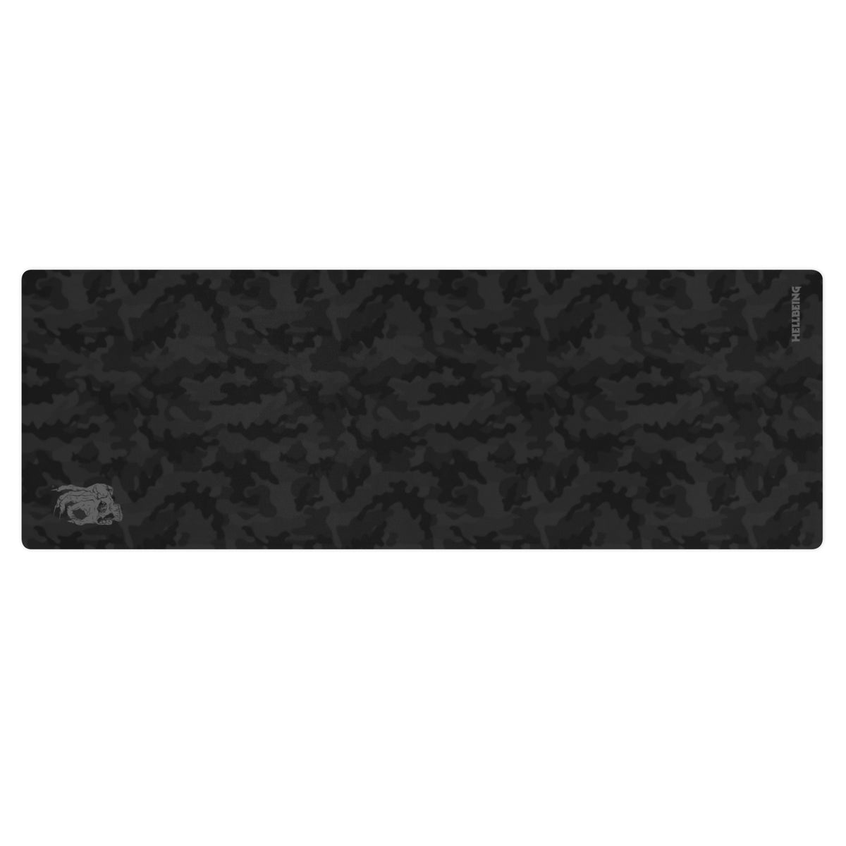 Hellbeing black camo yoga and exercise mat with skull logo in the corner, product photo 1 of 6