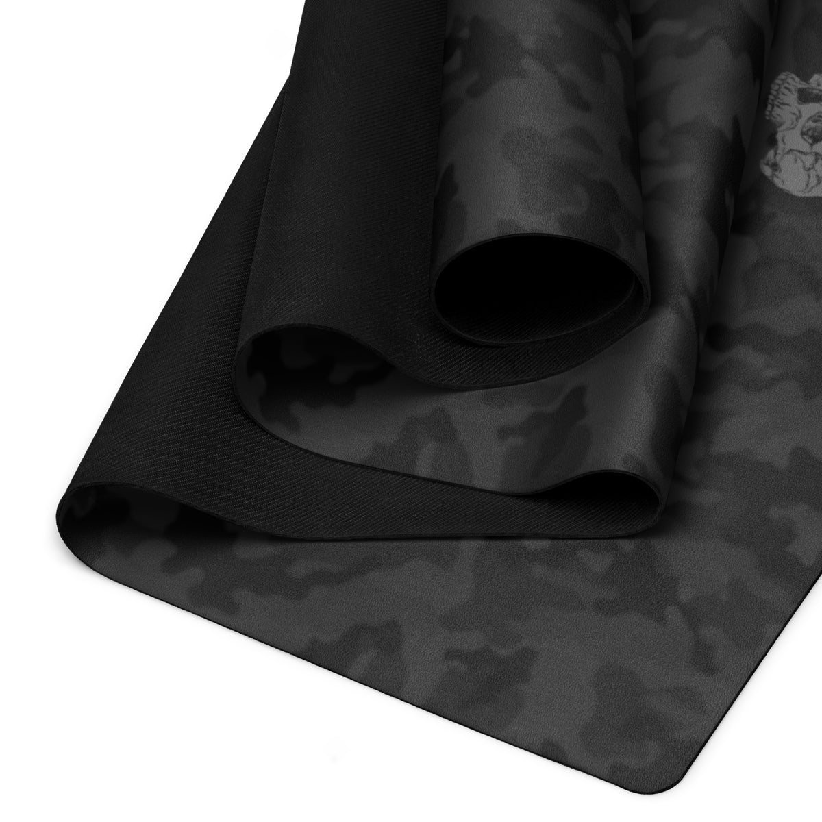 Hellbeing black camo yoga and exercise mat with skull logo in the corner, product photo 2 of 6