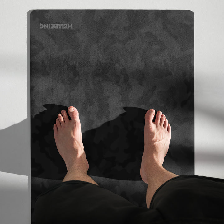 Hellbeing black camo yoga and exercise mat with skull logo in the corner, product photo 6 of 6