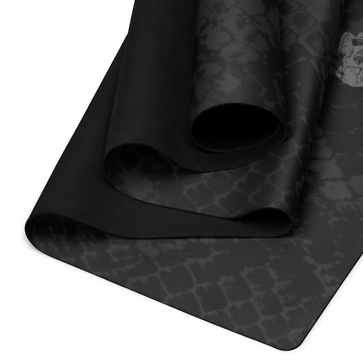 Hellbeing black snakeskin print yoga and exercise mat with skull logo in the corner, product photo 2 of 7
