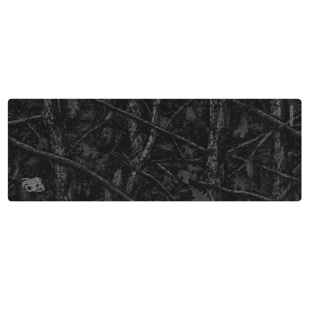 Hellbeing black tree bark camo yoga and exercise mat with skull logo in the corner, product photo 1 of 7