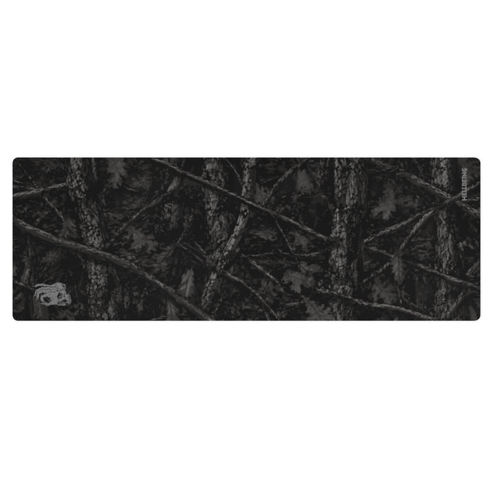 Hellbeing black tree bark camo yoga and exercise mat with skull logo in the corner, product photo 1 of 7