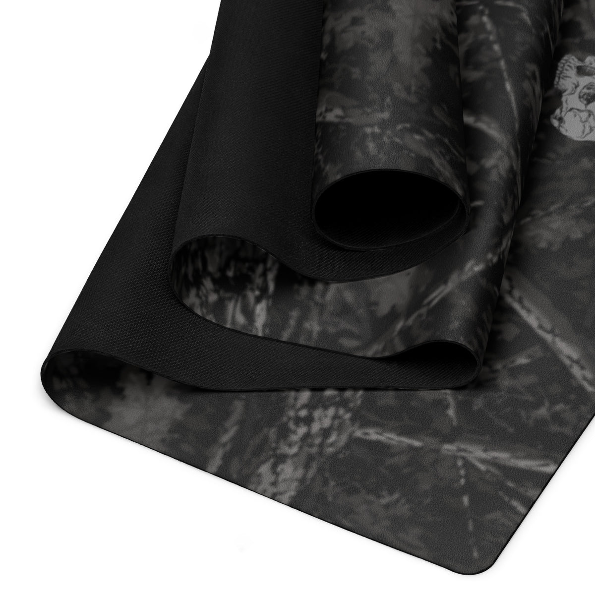 Hellbeing black tree bark camo yoga and exercise mat with skull logo in the corner, product photo 2 of 7